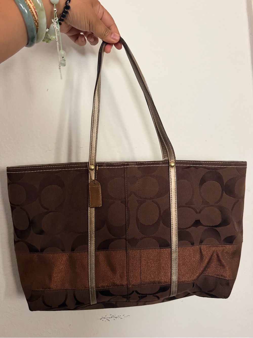 Chocolate Brown Coach Signature Tote Bag with Metallic Trim